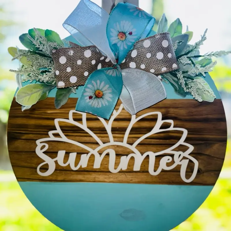 Summer Wooden Door Hanger with Daisy Design and Polka Dot Bow for Outdoor Decor