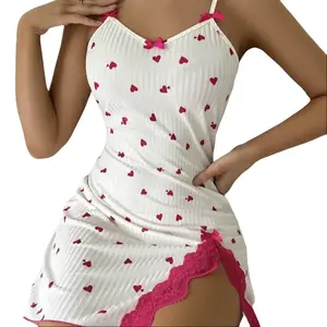 SERACAL 2-Piece Women's Heart Printed Camisole Vest Pajama Set with Lace Home Skirt, Comfortable Sleepwear for Home Loungewear