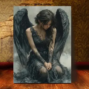 [2D Flat] 1pc Vintage Gothic Victorian Academy Style Framed Canvas Wall Art - Ethereal Angel with Dark Wings & Flowing Hair, Black & White Monochrome Painting