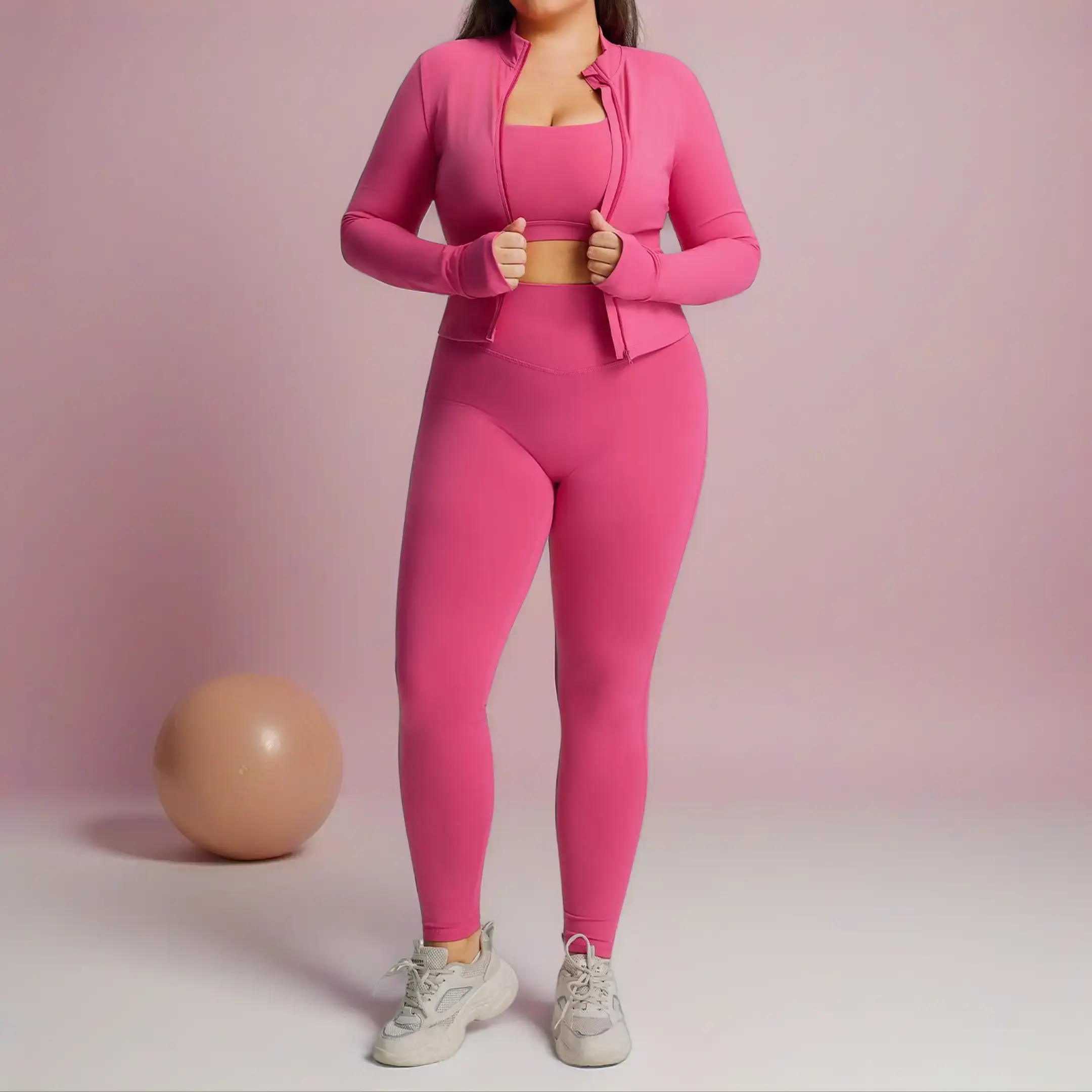 Curvy Fit 3 Piece Workout Set - Buttery Soft High Elastic Long Sleeve Tops & Leggings Sweat Wicking Fitness Suit for Women color solid clothing