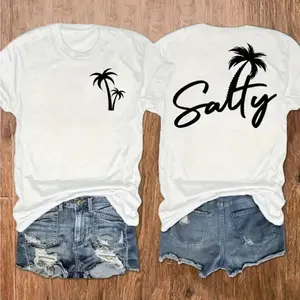 Womens Salty Graphic Tee Short Sleeve Crewneck Summer Beach Vacation Shirt Cute Palm Tree Print Casual Loose Fit Soft Cotton Top