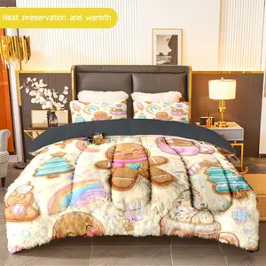3pcs (1 comforter + 2 pillowcases) Gingerbread Man Flannel & Milk Velvet Comforter Set, Soft Cozy Warm Bedding Set for Adults, Trendy Plush Bedding Essentials