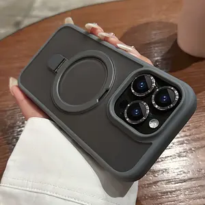 MagSafe Skin-Feel Matte Anti-Fingerprint Phone Case with 360 °   Rotatable Metal Ring Kickstand, Hard Shockproof Bumper Drop-Proof Protective Cover, Full Wireless Charging Compatible Fit iPhone 11 12 13 14 15 16 Pro Max Plus 17 Pro