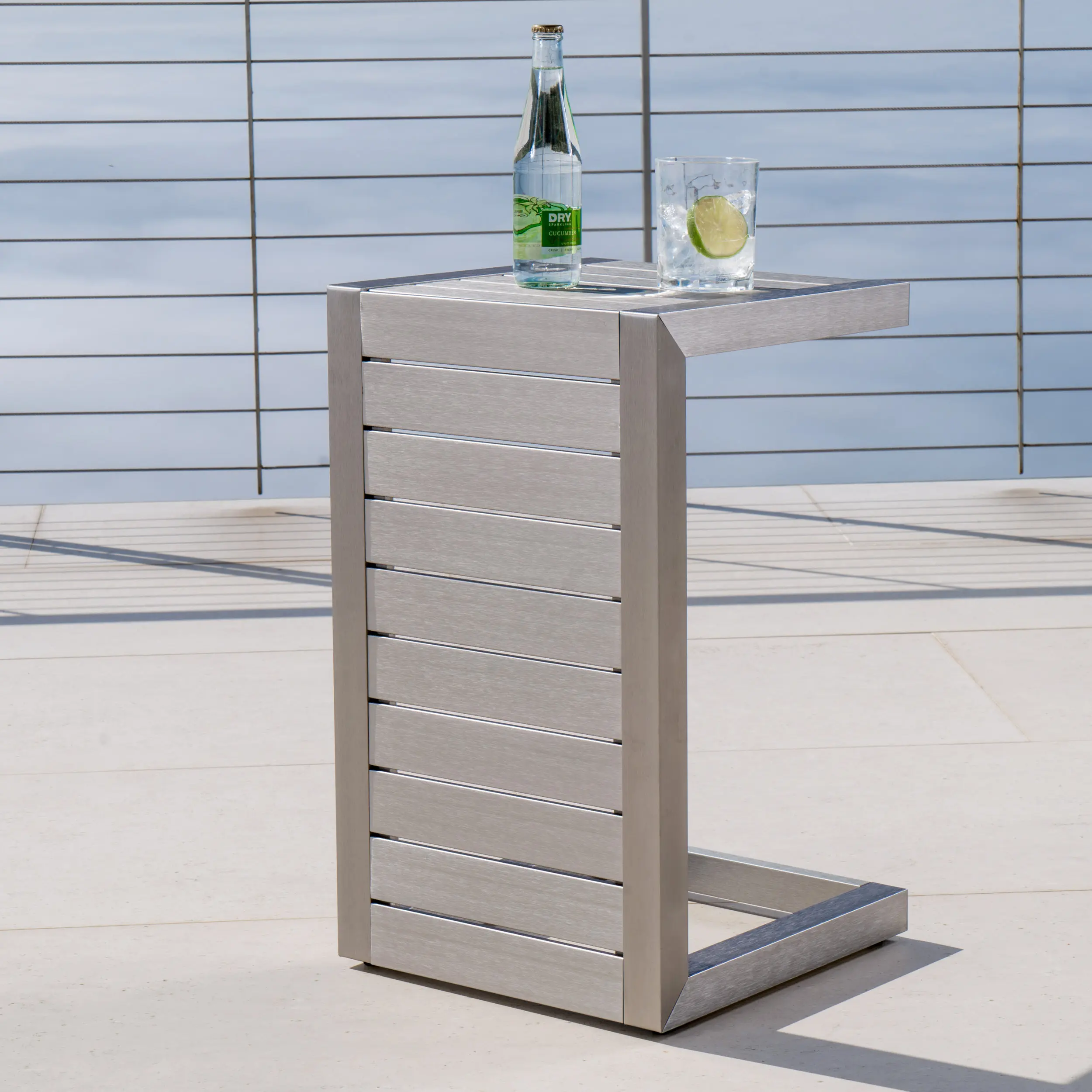 Cape Coral C-Shaped Outdoor Side Table, Rust-Resistant Durable Aluminum Frame, 14.5W x 15D x 24H in, Modern Smooth Outline, Ideal for Outdoor Parties & Sunbathing Relaxation
