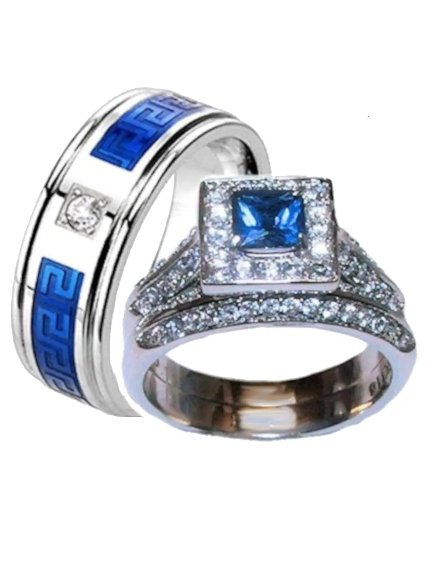 His & Hers Halo Sapphire Blue & Clear Cz Wedding Ring Set Stainless Steel