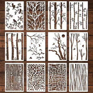 Tree Texture Stencils Painting, 12 count Tree Branches Stencils for Painting on  Wall, Mixed Designs Tree Branch Bird Stencils for Painting on Rock Canvas  Wall Floor  Decor