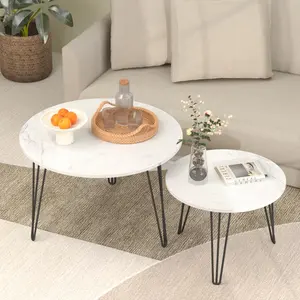 27.56'' Round Nesting Coffee Table Set of 2,  Circular Nesting End Table Set, Round Marble Tabletop, and Sturdy Metal Base for Living Room, bedroom, White