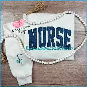Off White and Blue Turquoise Nurse LPN Glitter Embroidered Sweatshirt Cotton Embroidery Pullover Sweater Unisex