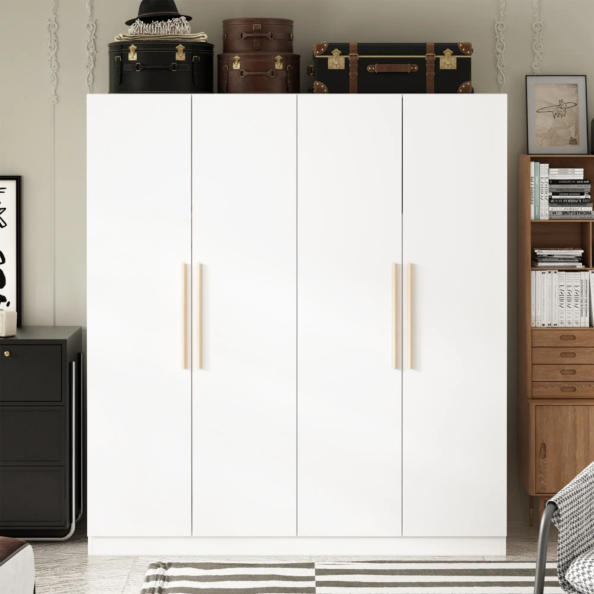 FUFU&GAGA Modern White Wooden Freestanding Wardrobe Cabinet - 4-Regular Door Wardrobe Closet Armoire with Shelves, Hanging Rod, Wooden Handles, Adjustable Closet Storage Organizer for Bedroom, Assembly Required, Classic Simple Wardrobes