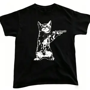 🖤🐱[100% Cotton][Graphic T Shirt][Funny T  Shirt]Edgy Cat Graphic T-Shirt – Y2K Grunge Goth Meme Tee, Unisex Vintage Style Cotton Short Sleeve Top, Emo Scene Streetwear Shirt, Soft Comfortable Casual Outfit for Men & Women
