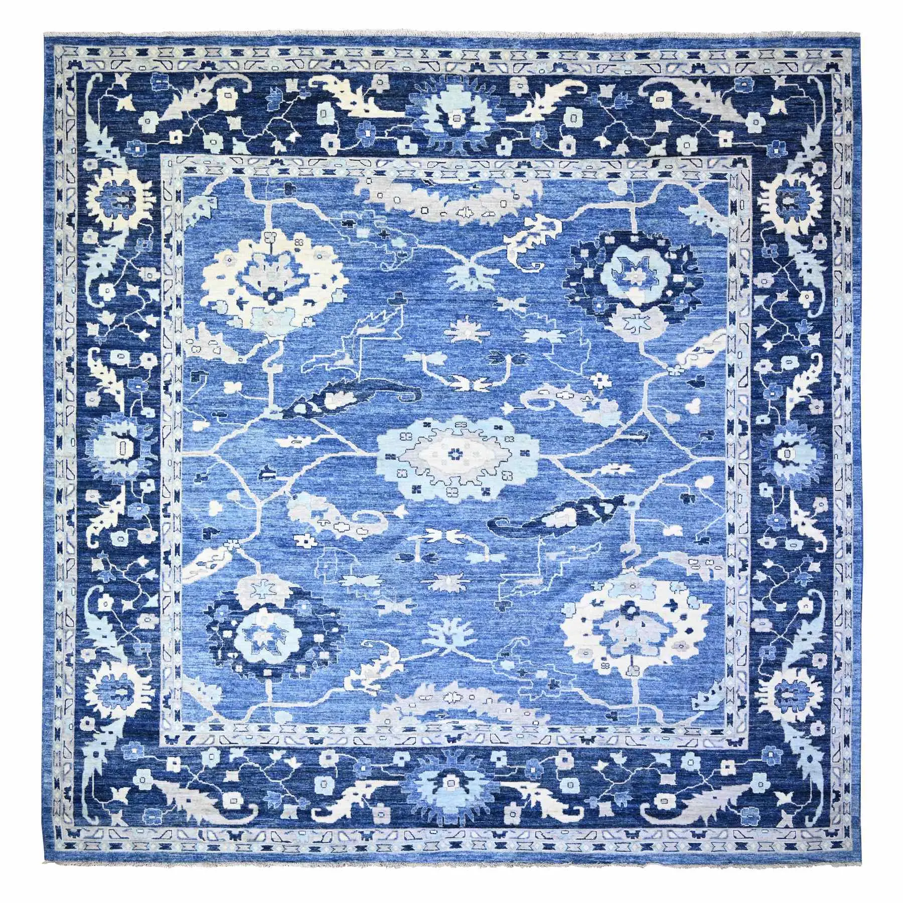 Ocean City Blue, Hand Knotted Afghan Angora Oushak with All Over Design Vegetable Dyes, 100% Wool, Oriental Square Rug (14'x14')