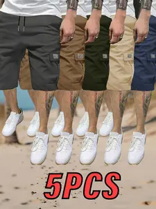 Pack of 5. Men's Summer Fashion Men's Cargo Shorts Multiple pockets. Loose. Straight cut Drawstring Versatile Casual Slim-Fit Stylish Men’s Shorts