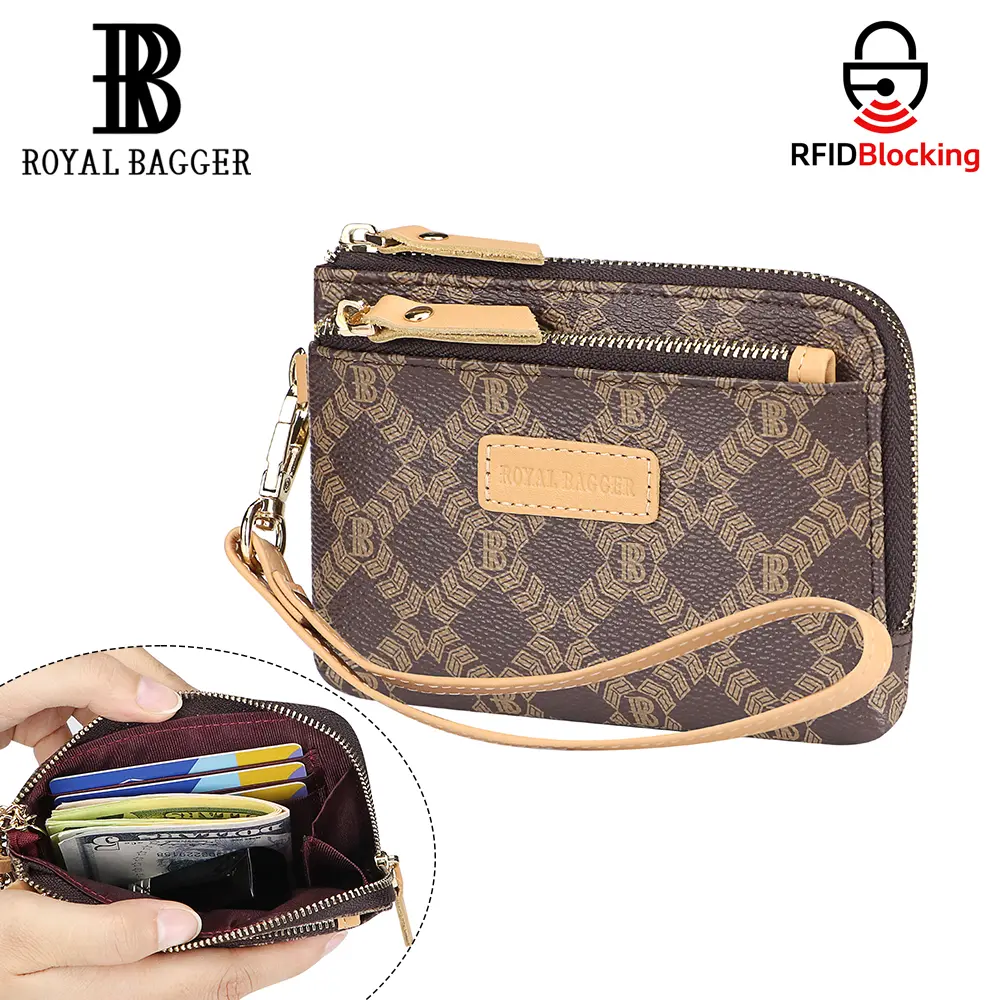Royal Bagger Women's RFID Wallet, Fashionable Signature Coated Canvas & Cowhide Leather Coin Purse, Multi-Zipper Clutch with Wristlet, Fashionable Wallet, Stylish Wallet
