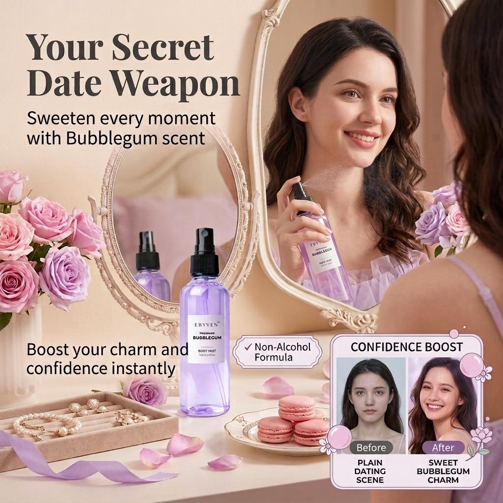 EBYVEN Bubblegum Hair & Body Fragrance Mist - Unisex Bubble Gum Perfume, Fruit-Candy-Rose-Musk Scent, Aromatic Fruity Liquid, Alcohol-Free Beauty Product, Contains Neither Alcohol, Up to 2.9 fl. oz. (100ml/3.3oz or 85ml), Single Item for Adults