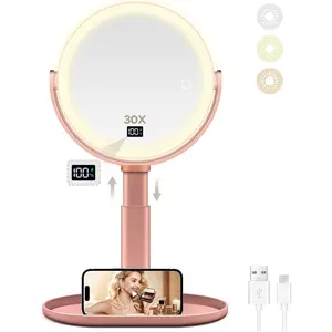 Makeup Mirror with Lights, 30X/1X Magnifying Mirror with Digital Display, Height Adjustable Tabletop Mirrors, Detachable for Travel,  Mirrors with Phone Holders, Rose