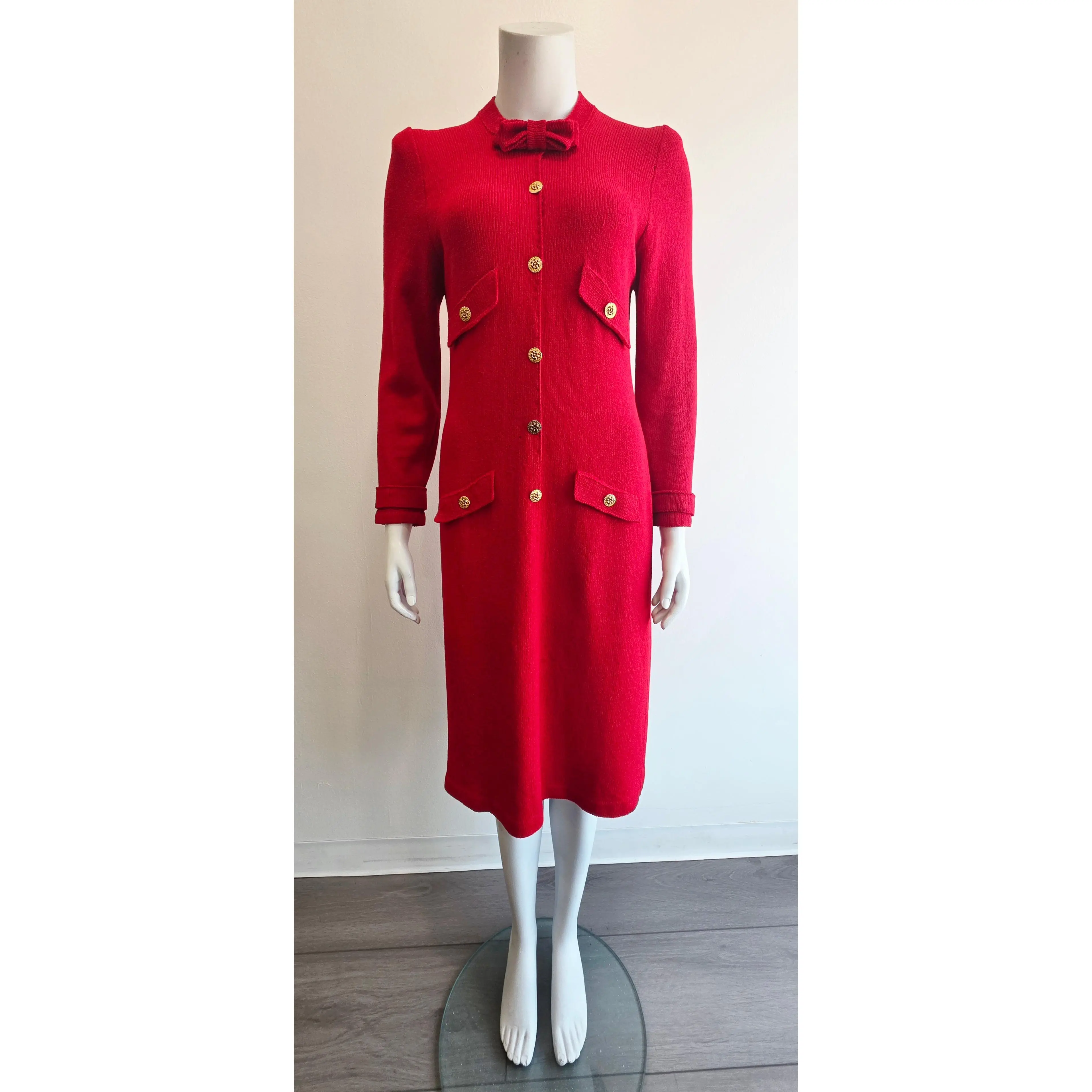 Vintage 60's Classic Red Gold-Tone Bow Knit Midi Dress by Adolfo at Saks Fifth Avenue