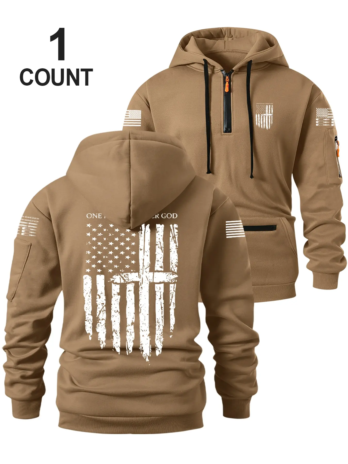 Men's Fall Winter Hooded Sweatshirt, Streetwear Sweatshirt, Flag Print Design, Zipper Pocket Detail, Casual Loose Fit, Perfect for Holidays & Daily Wear, Graphic Print Hoodie, Hooded Top