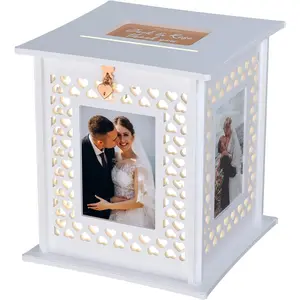 Wedding Card Box with Slot and Lock, Large Wooden Holder for Reception, Gift Envelope Organizer, Rustic with Photo Frame Display