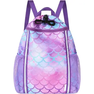 SQ-CPB028 Kids Gym Drawstring Backpack String Bag, Mermaid Sports Gym Bag for Kids Girls Waterproof Swimming Beach String Cinch Backpack with Two Water Bottle Pocket