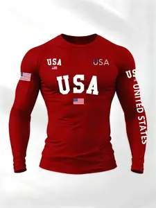 Men's Round Neck Long Sleeve Loose Casual Daily Wear T-Shirt Top, Graphic Athletic Activewear Usa Flag Letter Design, Comfortable Breathable Fabric, Casual Style Tee, Spring & Fall