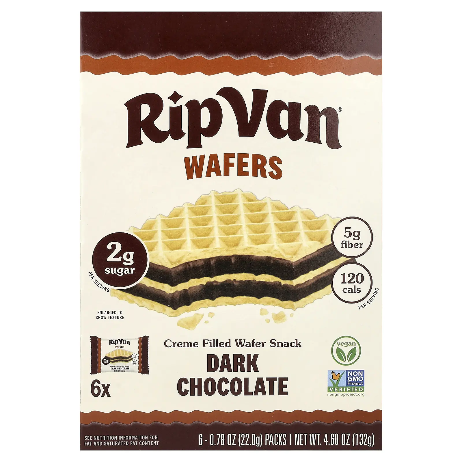Rip Van Wafels Creme Filled Wafer Snack, Dark Chocolate, 6 Packs, 0.78 oz (22 g) Each