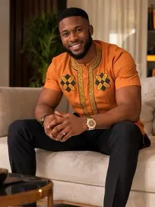 Men’s African Dashiki Shirt – Orange Ankara Embroidered Top, Modern African Men’s Wear