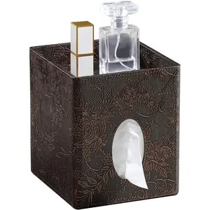Square Tissue Box Cover, Stylish Leather Tissue Box Holder with Storage Tray, Decorative Tissue Rack Storage Box for Living Room, Bedroom, and Office Desk(Brown Grape )