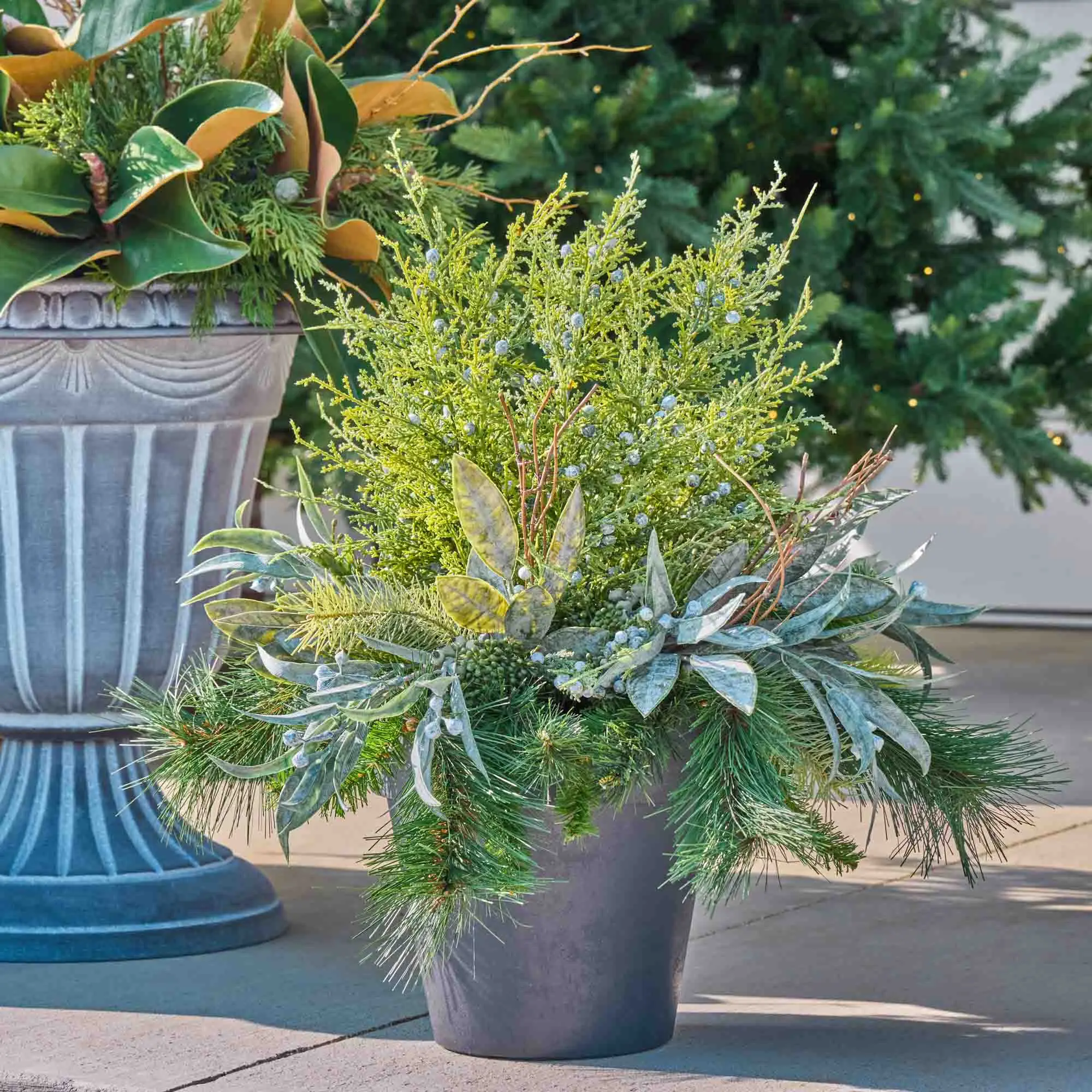 Faux Lifelike Seeding Juniper Bush & Seeded Eucalyptus Pine Winter Greenery, Outdoor Potted Urn Filler Christmas Planter for Entryway Floral Decor