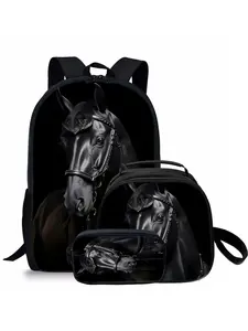 Horse pattern printed 17-inch backpack three-piece set (single-layer backpack + round lunch bag with shoulder strap + single-layer pencil case)