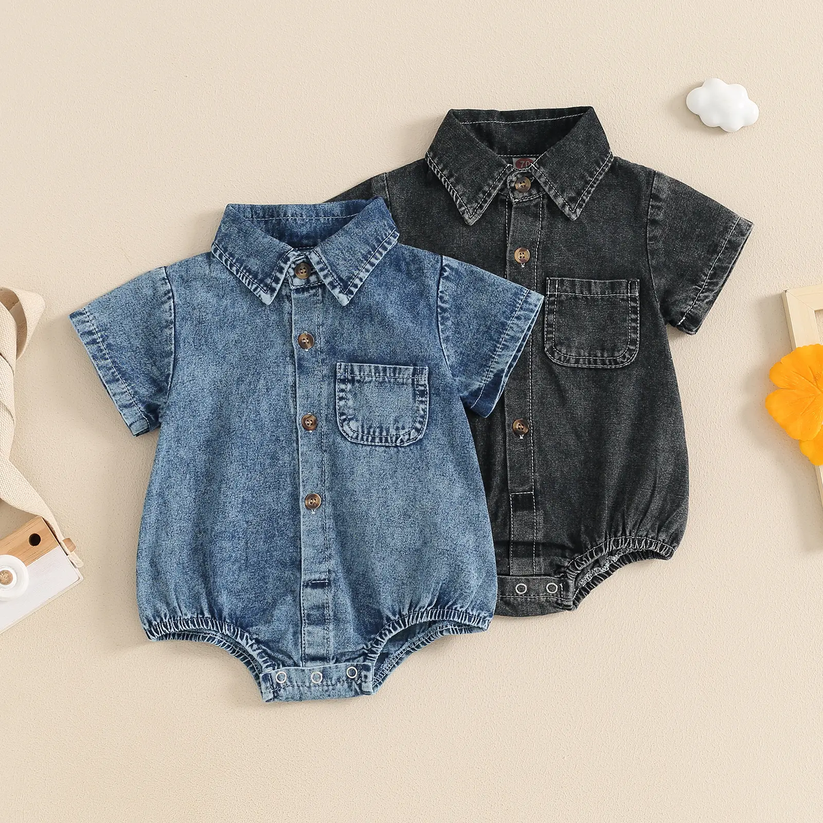 Newborn Baby Boy Girl Summer Outfits Short Sleeve Turn-Down Collar Denim Romper Infant Baby Jeans Jumpsuit Onesie