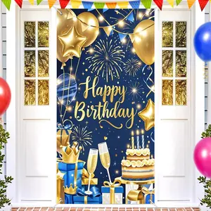2D flat banner 1pc Birthday Door Cover  Gold and Blue Birthday Door Banner for Party Decorations Fireworks Cake Crown Backdrop Sign for Men Women Photo Booth Prop Classroom Party Decor Props Outdoor Door Portrait Photography Studio Professional Backdrops