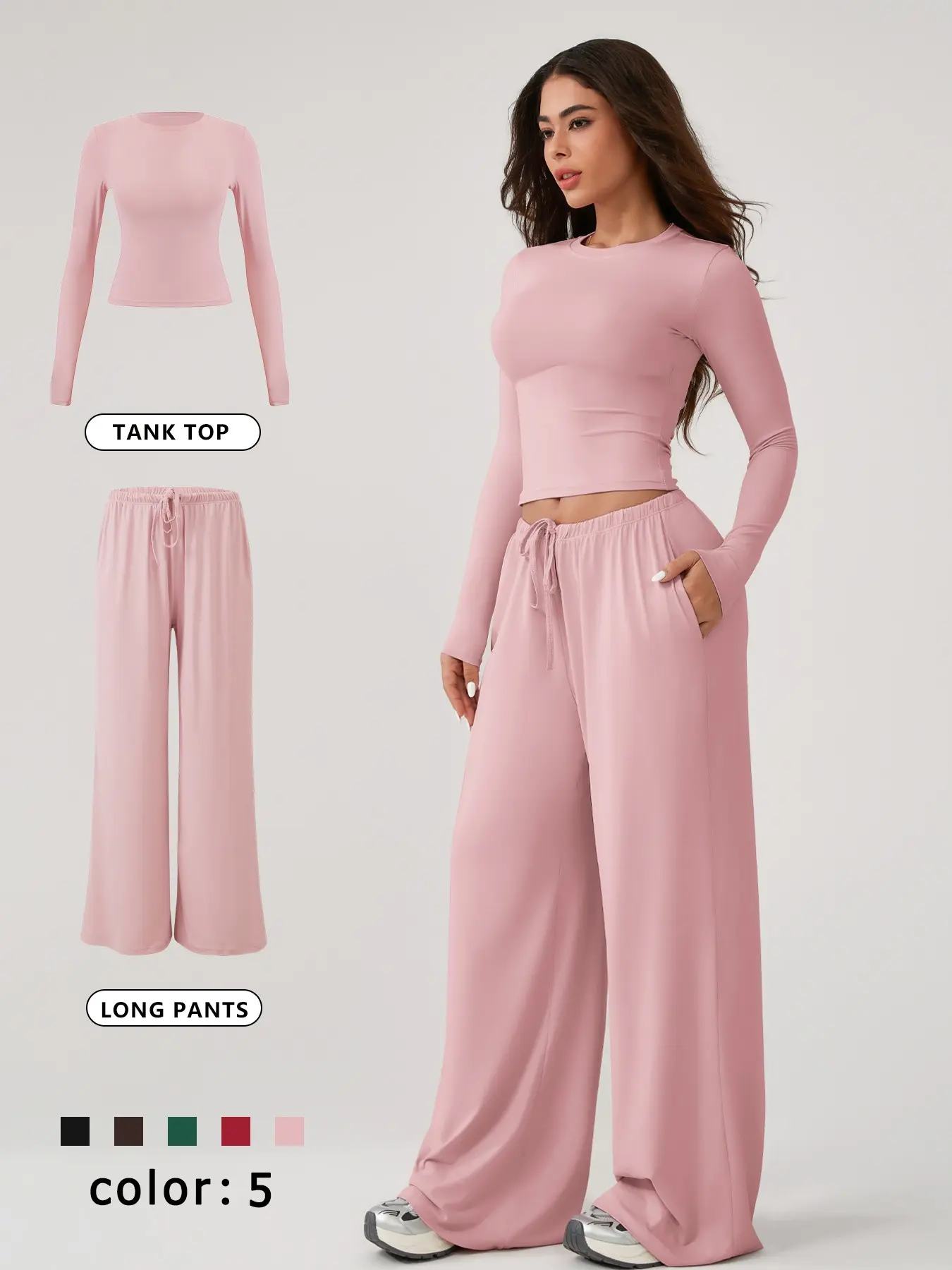 Women's Basic Two-Piece Homewear Set, Nightwear, Soft Skin-Friendly Breathable Long-Sleeve T-Shirt and Loose Fit Wide-Leg Pants with Adjustable Drawstring, Casual Everyday Loungewear for Daily Leisure, Airport Travel and Home Wear, Women's Pajama Set