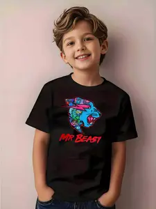 Boys' MR BEAST Graphic T-Shirt with Beast Print - Short Sleeve Round Neck Summer Tee, Casual Comfortable Top with MR BEAST Design for Boys' Casual Attire & Fan Apparel