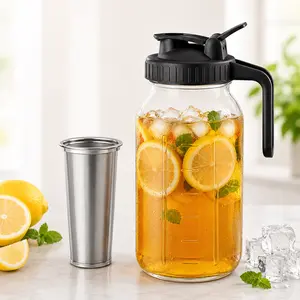 64 oz Mason Jar Pitcher with Stainless Steel Filter, Glass Cold Brew Coffee Maker and Iced Tea Pitcher with Easy-Pour Lid, Handle and Cleaning Brush for Home Drinks