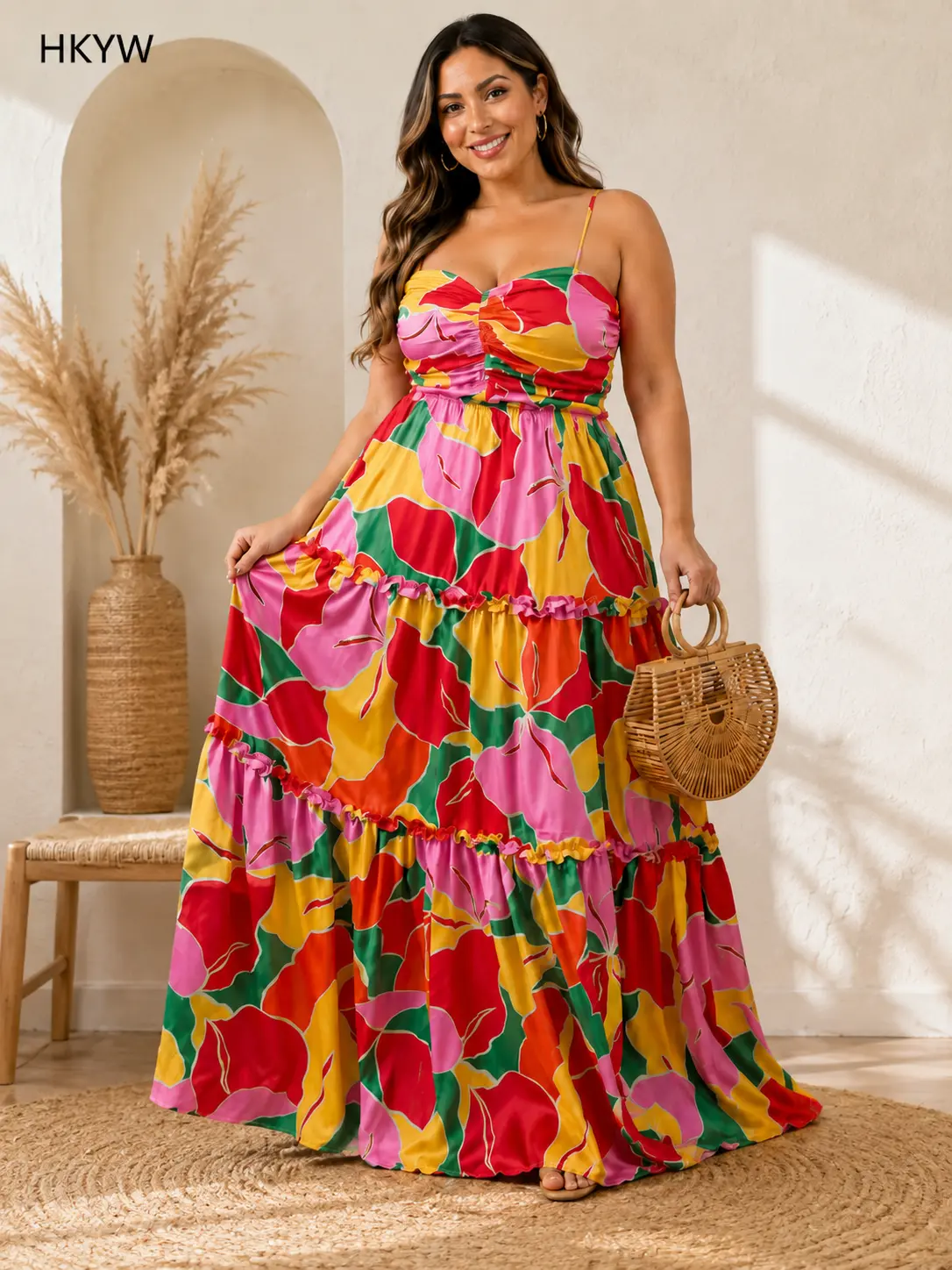 Women's Plus Size Boho Maxi Dress with Tiered Ruffles, Breathable Silky Tropical Print, Ruched Bust and Adjustable Straps, Smooth, Island, Bohemian, Smocked, Skirt, Outdoor, Lightweight, Elastic
