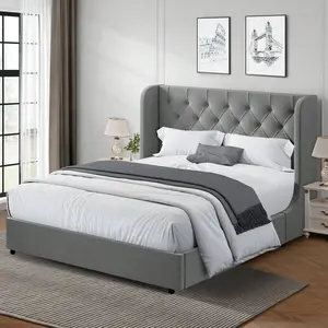 Modern Velvet Upholstered Curved Wingback Bed Frame - Wooden Platform Bed Frame for Bedroom, No Box Spring Needed, Easy Assembly, Available in Full/Queen/King Sizes