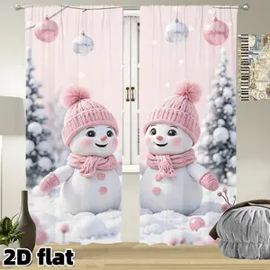 2D Flat 2Pcs Cute Snowman Pattern Curtains Pink Winter Holiday Theme Rod Pocket Design Semi Sheer Polyester Panels Suitable for Living Room Bedroom Kitchen Balcony Window Treatment Home Decor Christmas Gift Anti Privacy Home Decoration Curtain