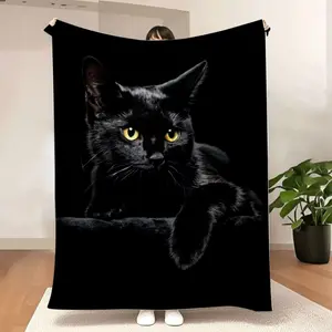 Black Cat Fleece Blanket – Glossy Textured Throw for Sofa, Bed & Home Decor – Dramatic Contrast Cozy Blanket, Perfect Gift for Halloween, Fall & Cat Lovers