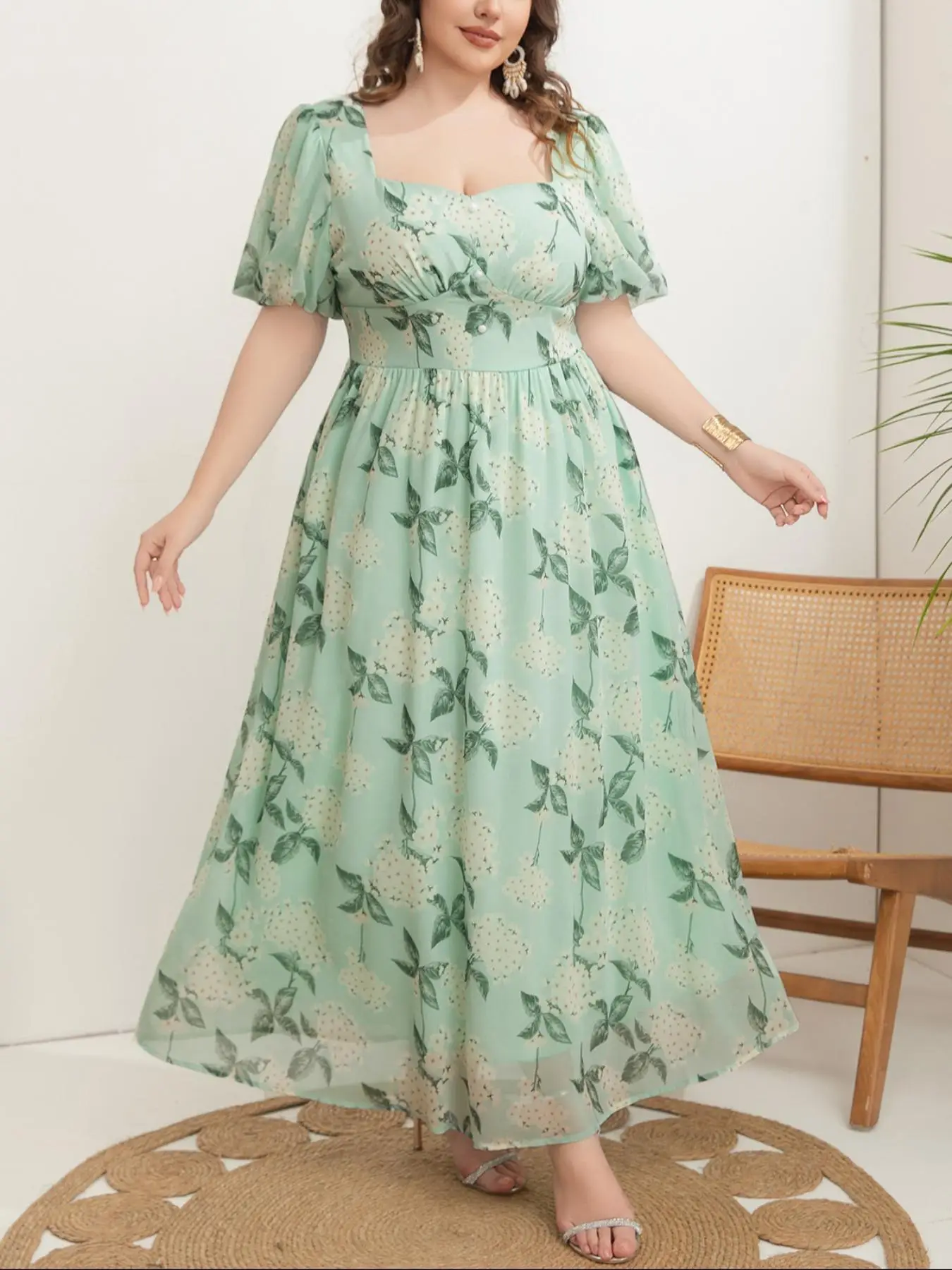 【Plus Size】 Plants Print Short Sleeve Dress, Elegant Fashion Dress for Women Daily Wear, Women's Clothing for Summer