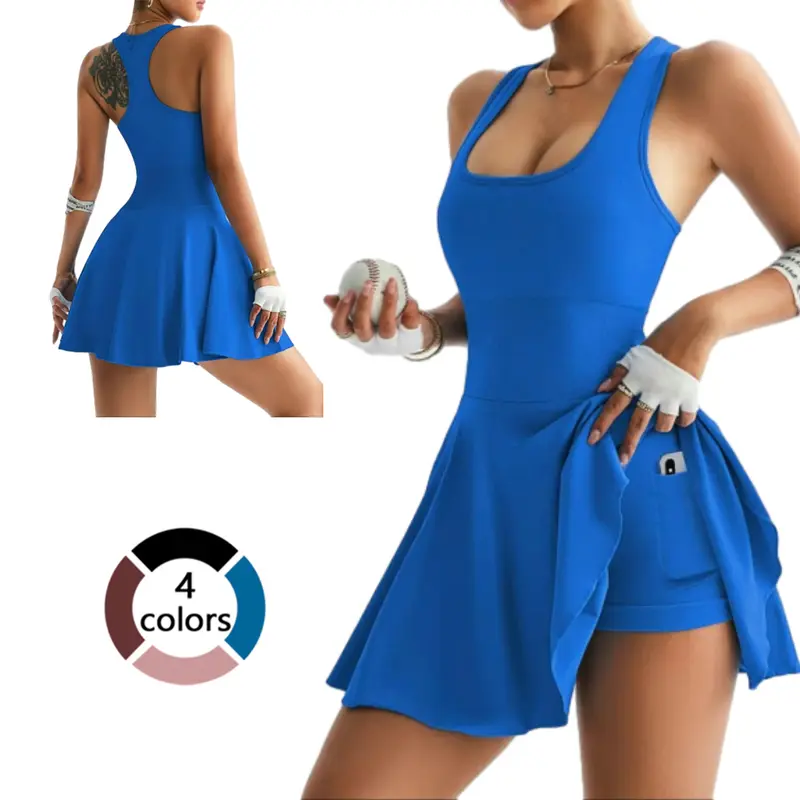 Women's Light Blue Spandex High-Stretch Racerback Dress - Built-In Bra, Pockets, Above the Knee, High-Stretch Move, Gym-to-Tennis Fit, Sporty Chic Athleisure, All-Season Comfort, Durable Tennis Attire (Skirts-Tank Tops Hybrid)