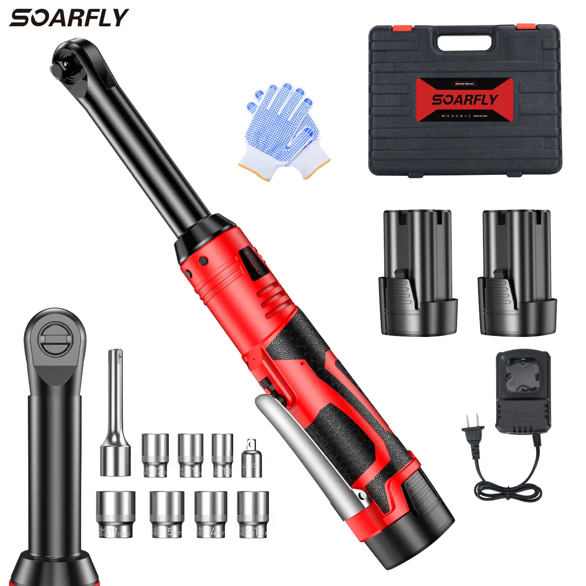 SOARFLY Extra Long Ratchet Wrench-50FT-lbs,6" Extended Cordless Kit with 2x2.0Ah Batteries & Fast Charge,450RPM Variable Speed Wrench with 7 Sockets H