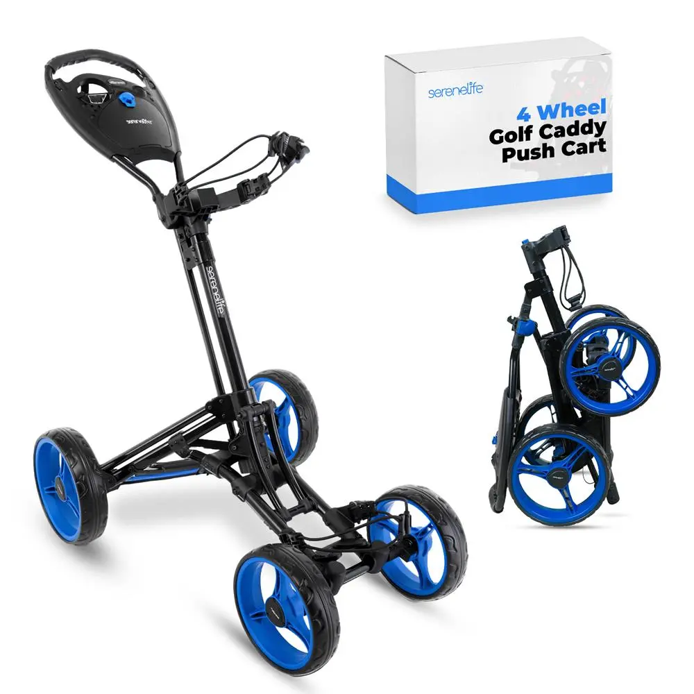 4 Wheel Golf Push Cart - White | Lightweight Foldable Trolley with Foot Brake & 360 Swivel Front Wheel & Adjustable Handle - Compact Portable Golf Caddy Cart with Storage  for Easy Transport - Golf Essentials