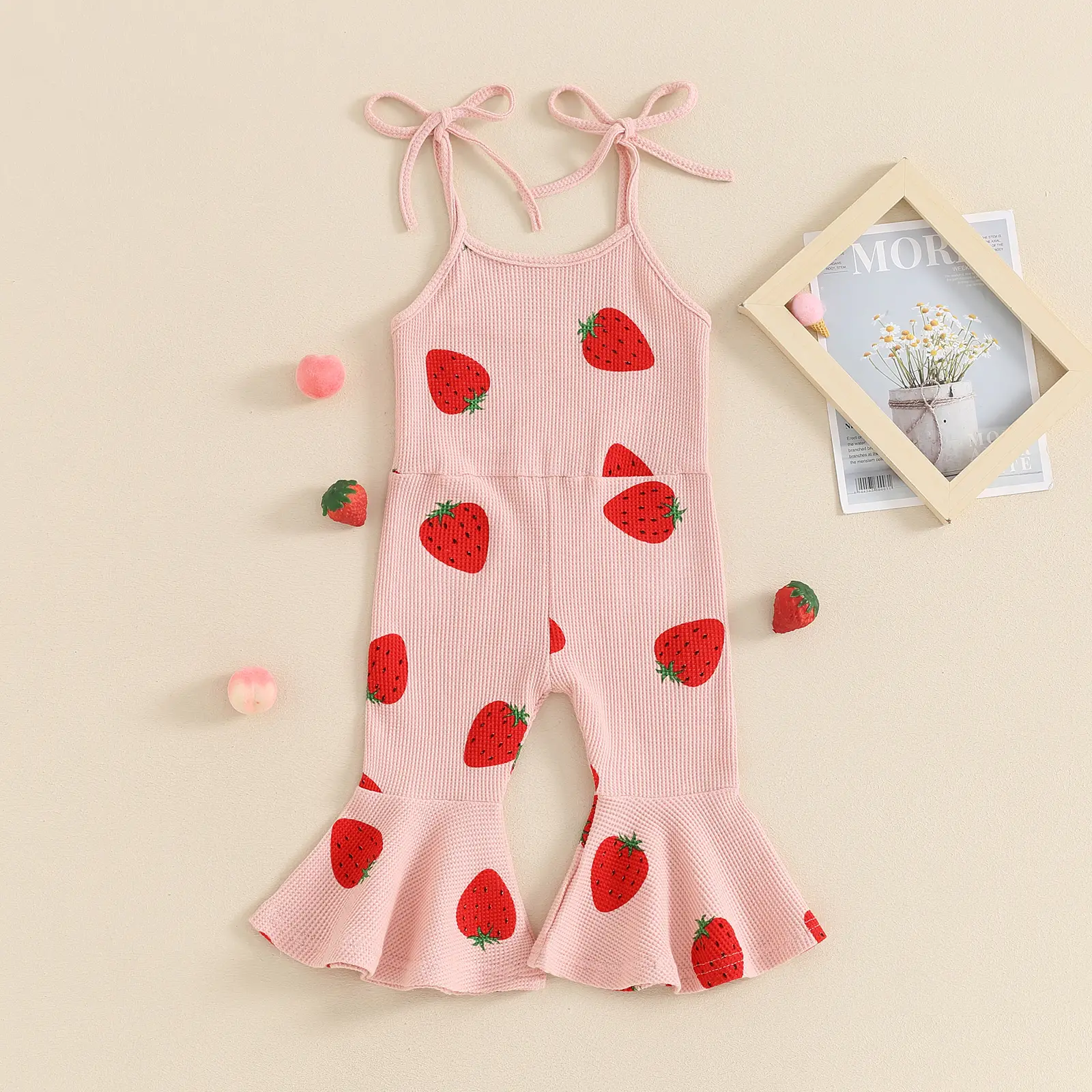 Kid Girls Jumpsuit, Spaghetti Straps Strawberry Print Romper Clothes for Party Casual Floral Flare Jumpsuit Baby Bell Bottom Romper Sleeveless Backles