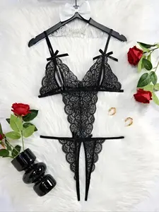 Women's Lace Babydoll Lingerie, Sheer Lace Bodysuit with Open Crotch and Bow Detail, Perfect for Special Occasions