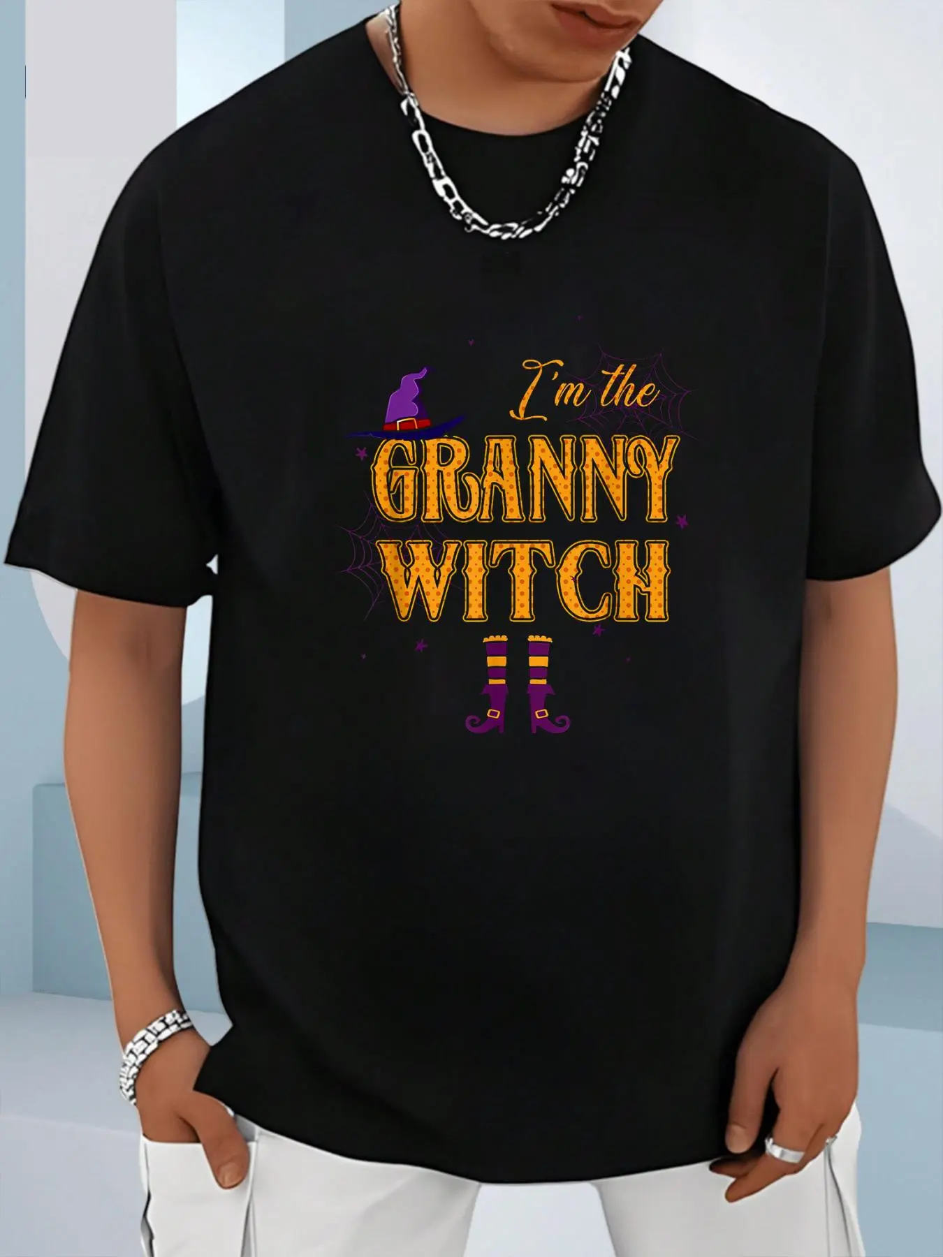 100% Cotton Unisex I'm The Granny Witch Halloween Costume - Grandma Gifts T-Shirt， men's autumn short-sleeved shirt, featuring maple leaf and Thanksgiving Halloween prints