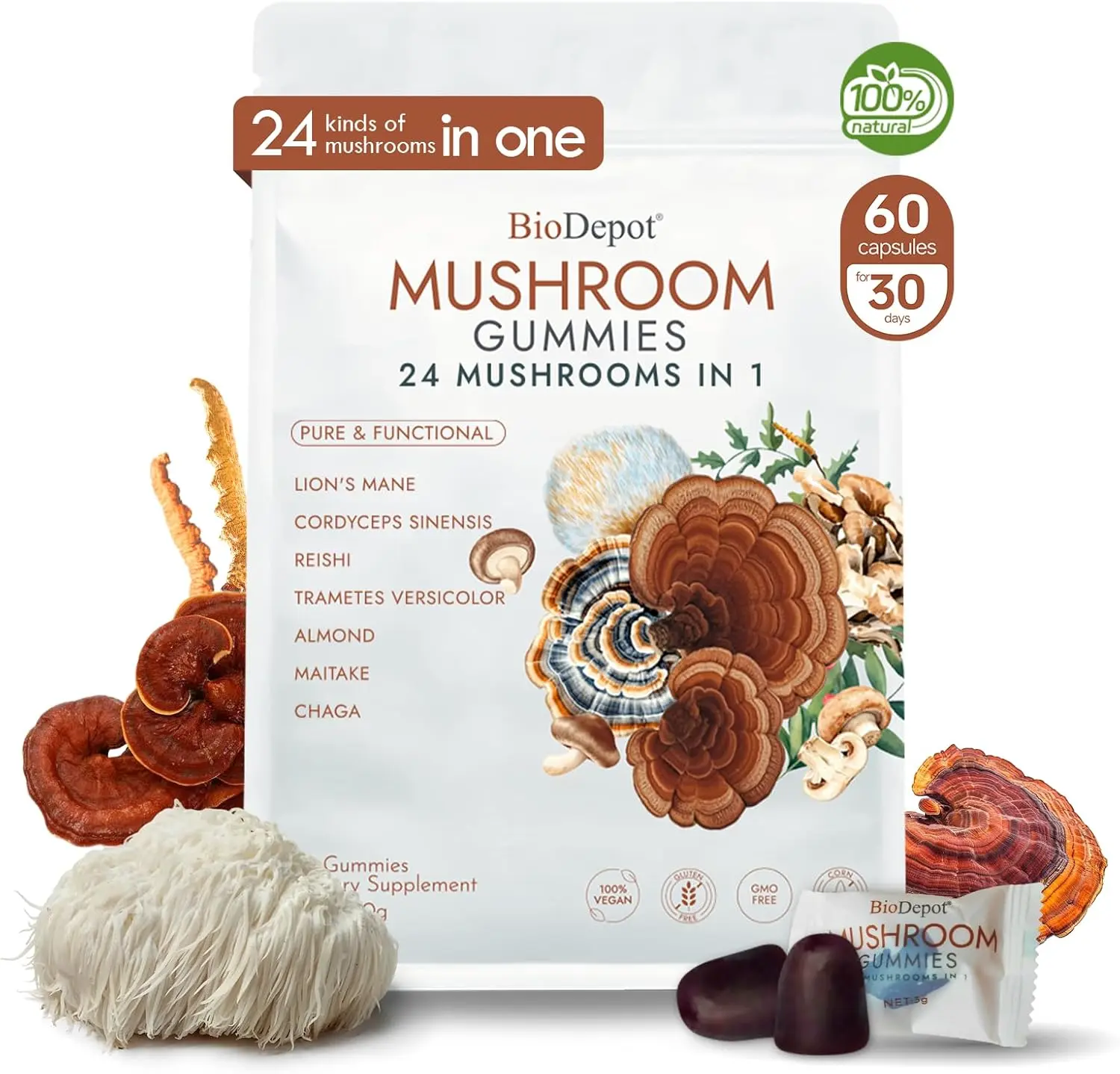 BIODEPOT Lion’s Mane Mushroom Gummies for Focus, Memory & Mental Clarity Support, Vegan Nootropic Supplement, Natural Berry Flavor