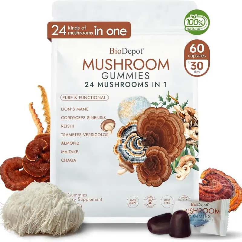 BIODEPOT Lion's Mane Functional Mushroom Gummies - Vegan Nootropic Healthy Supplement for Adults, Gluten-Free, Non-GMO, Chewable, Brain Health & Digestive Support, Natural Berry Flavor, Maitake-Infused, Naturally Derived, Trametes Versicolor, Single Item