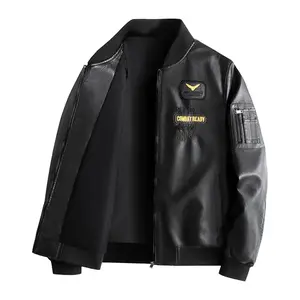 Men's Burgundy Military-Style Faux Leather Jacket, Combat-Ready Embroidery & Badge Details, Bomber Collar Casual Outerwear