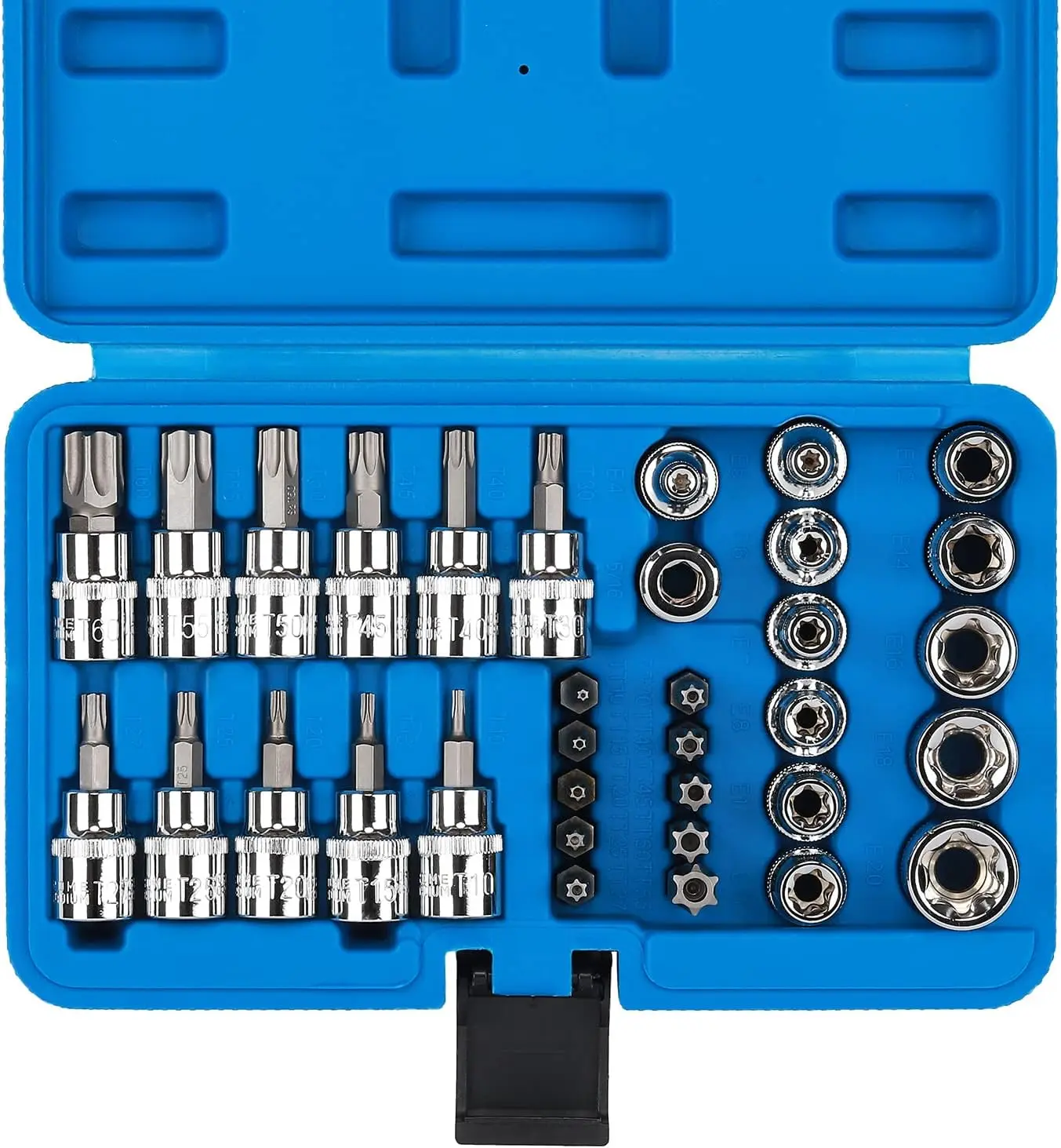 34 Pieces 3/8-Inch Drive Torx Bit Socket and E-Torx (Star) Socket Set, CR-V & S2 Steel, E4-E20, T10-T60, Tamper Proof TT10-TT55, 5/16"F to 3/8"M Adapter