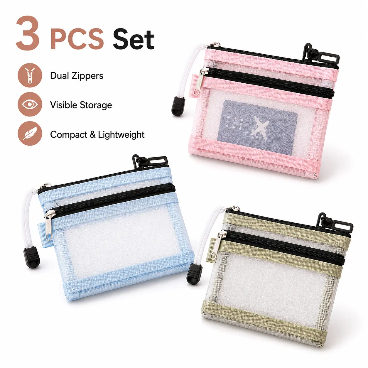 3 PCS Double Layer Mesh Storage Pouches, Portable Zipper Document Bags with Clear Card Holders for Travelers, Adults - Driver License, Passport, Household Register, Bank Cards - Daily Use, Easy Access Home Organizers